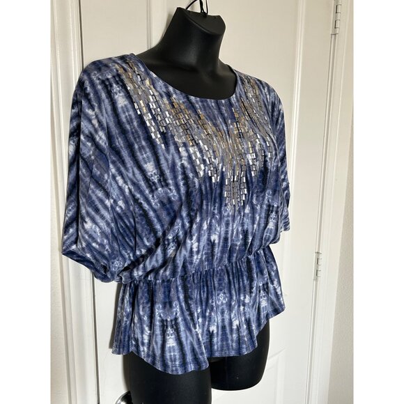 Miss Tina Tie-Dye Blue Blouse With Sequin Embellished Front & Elastic Waist L - Picture 2 of 7
